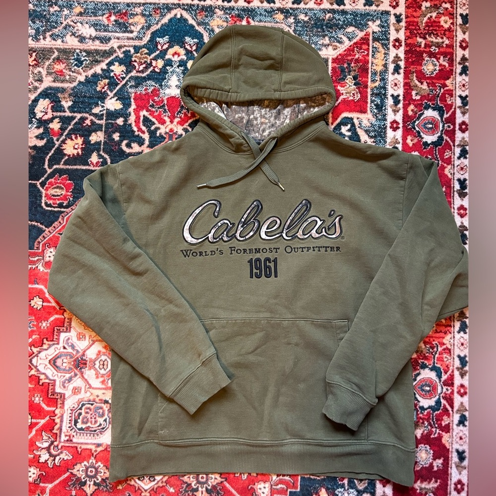 Cabela's Olive Green Camo Embroidered Heavyweight Hoodie Sweatshirt